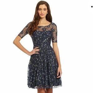 Betsey Johnson (NWT) navy blue and silver floral lace dress with a low-cut back